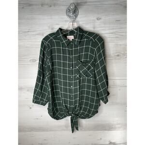 VIXBE Blouse Womens Medium Green Plaid Button Front Tie Hem Tunic Top 3/4 Sleeve